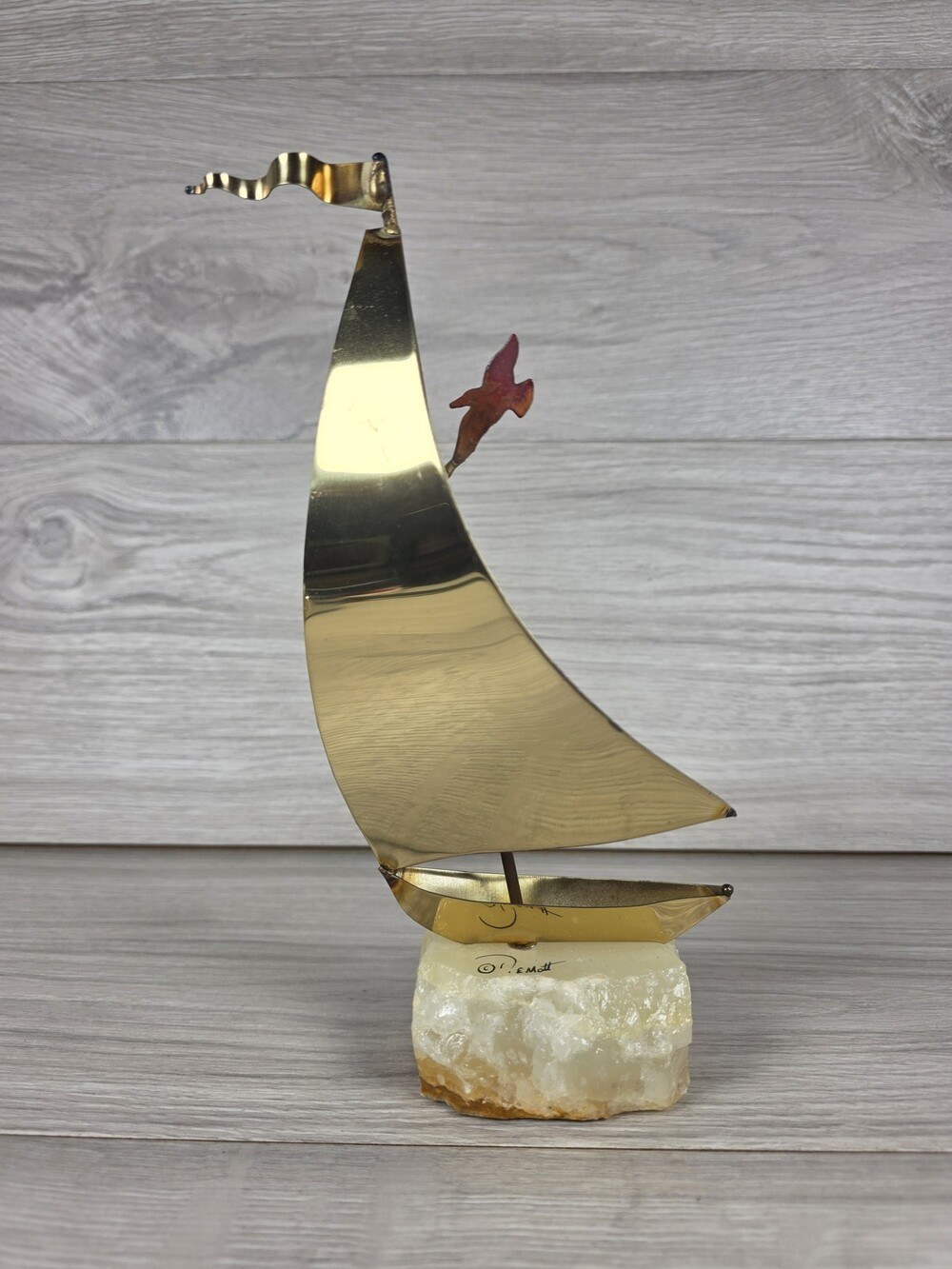 J. Ematt Signed Metal Sailboat Sculpture Stone Base Nautical Coastal Decor 195